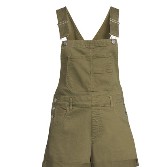 No Boundaries Juniors' Relaxed Boyfriend Short overalls Army Green, XS - Picture 2 of 4